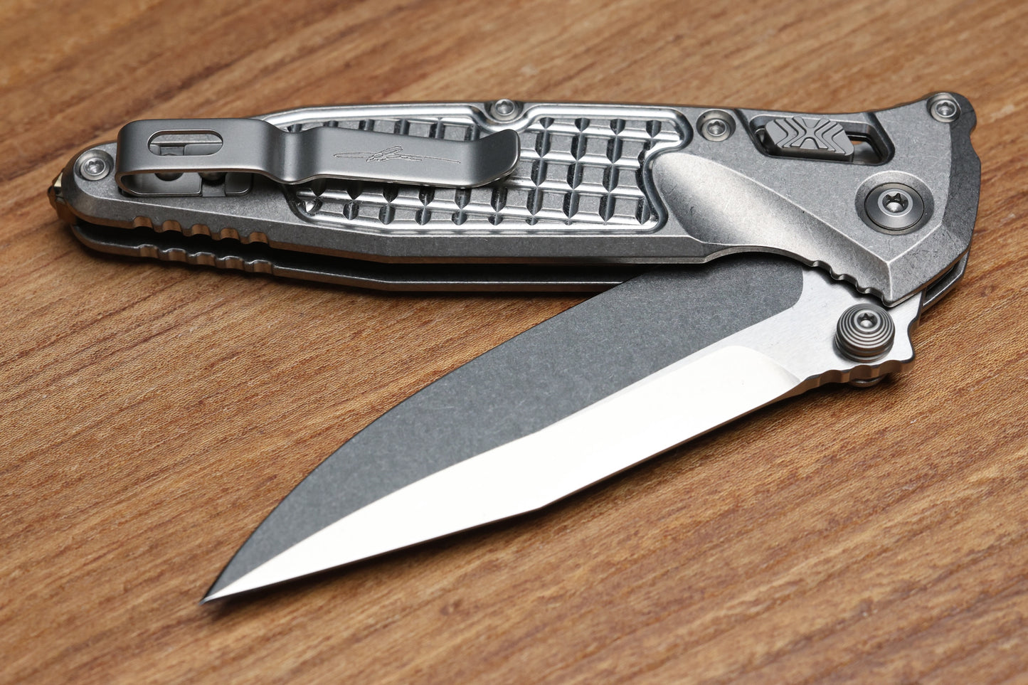 MICROTECH MARFIONE SELECT SOCOM RAM-LOK TITANIUM FRAG HANDLES W/ BRONZE ACCENTS & SPEAR POINT STONEWASH M390MK 160RL-10FRSMS2