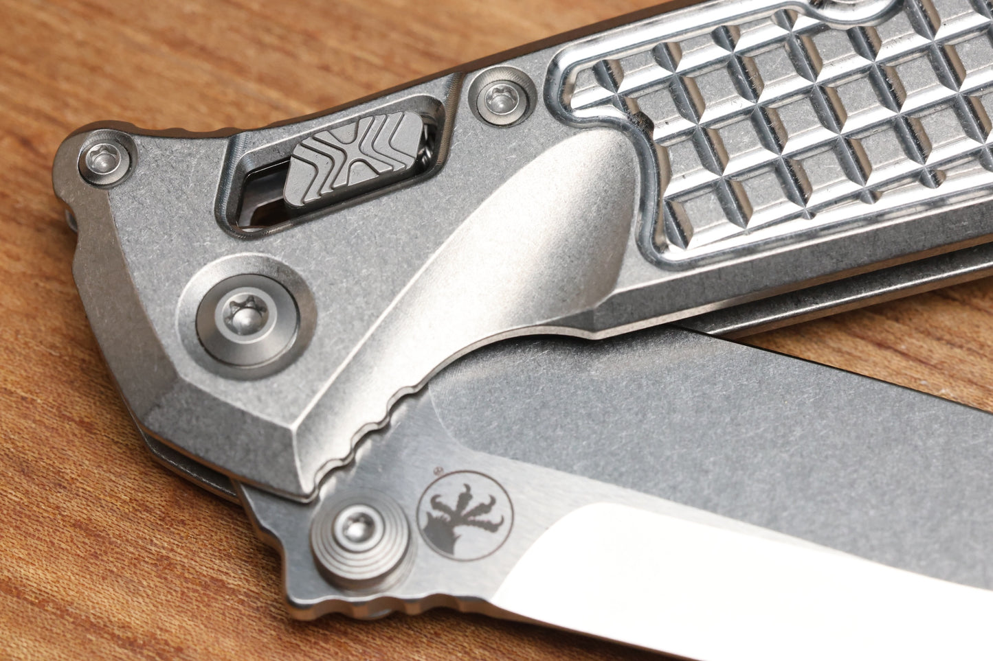 MICROTECH MARFIONE SELECT SOCOM RAM-LOK TITANIUM FRAG HANDLES W/ BRONZE ACCENTS & SPEAR POINT STONEWASH M390MK 160RL-10FRSMS2
