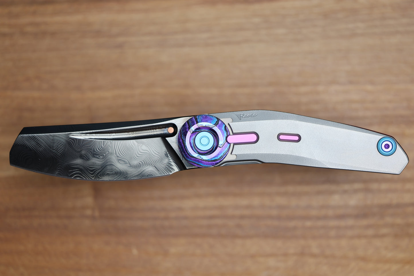 REATE KNIVES VULPEX VK-CLU TITANIUM HANDLE W/PURPLE ZIRCUTI ACCENTS - DLC DAMASTEEL BLADE