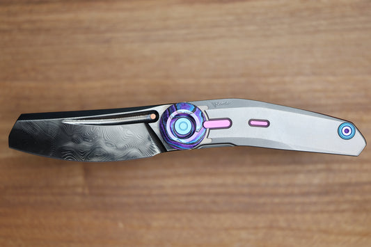 REATE KNIVES VULPEX VK-CLU TITANIUM HANDLE W/PURPLE ZIRCUTI ACCENTS - DLC DAMASTEEL BLADE