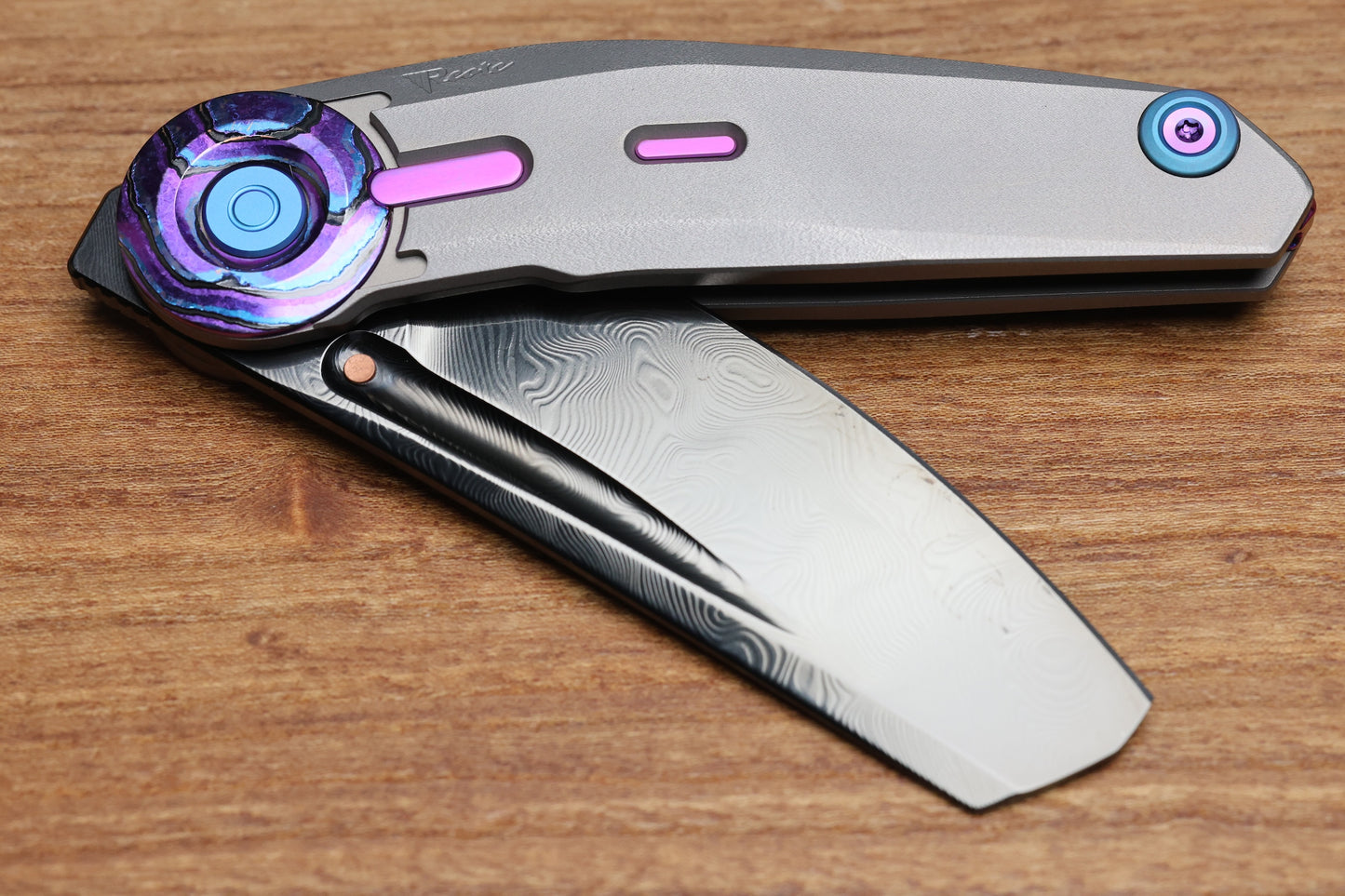 REATE KNIVES VULPEX VK-CLU TITANIUM HANDLE W/PURPLE ZIRCUTI ACCENTS - DLC DAMASTEEL BLADE