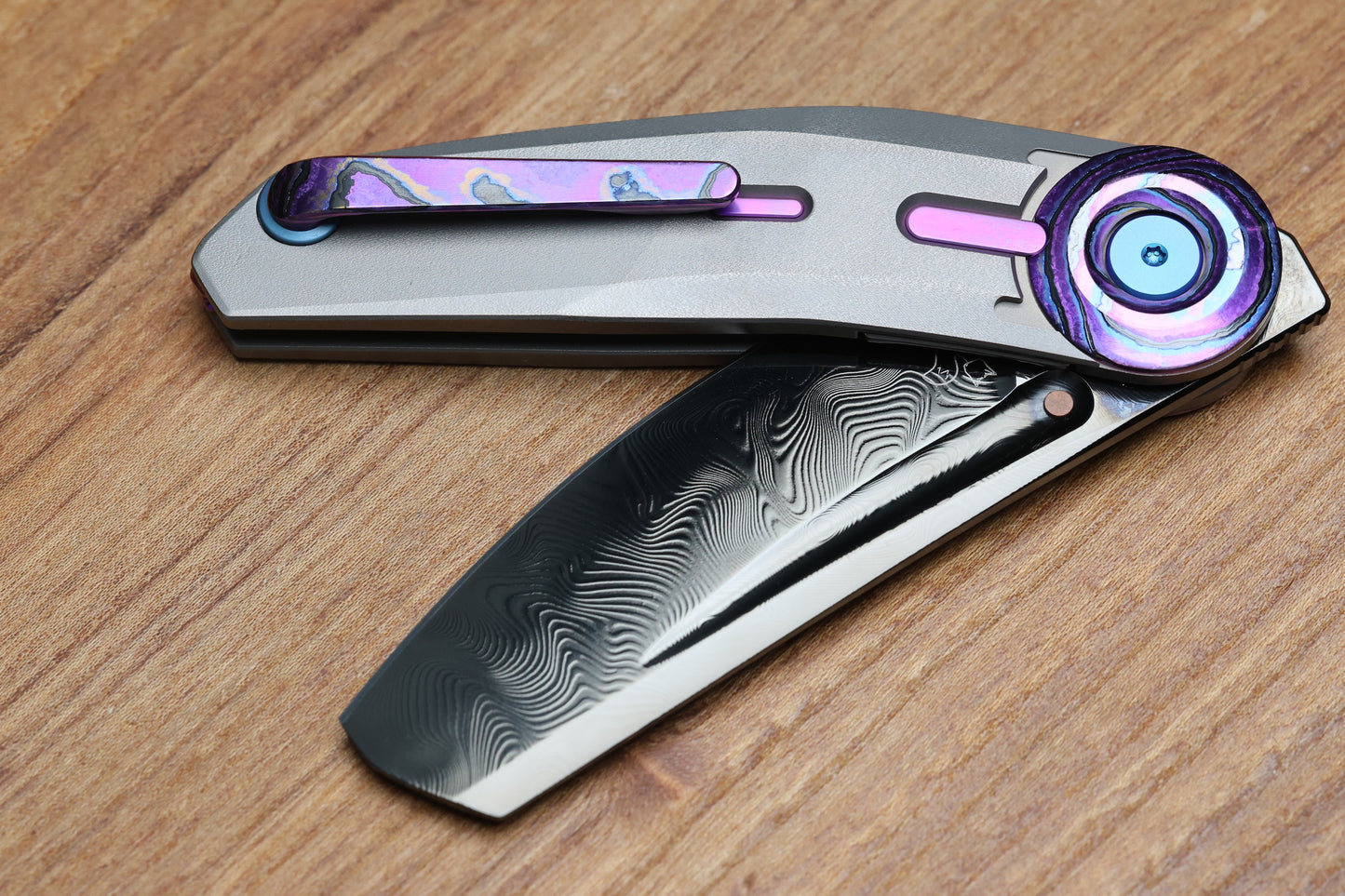 REATE KNIVES VULPEX VK-CLU TITANIUM HANDLE W/PURPLE ZIRCUTI ACCENTS - DLC DAMASTEEL BLADE