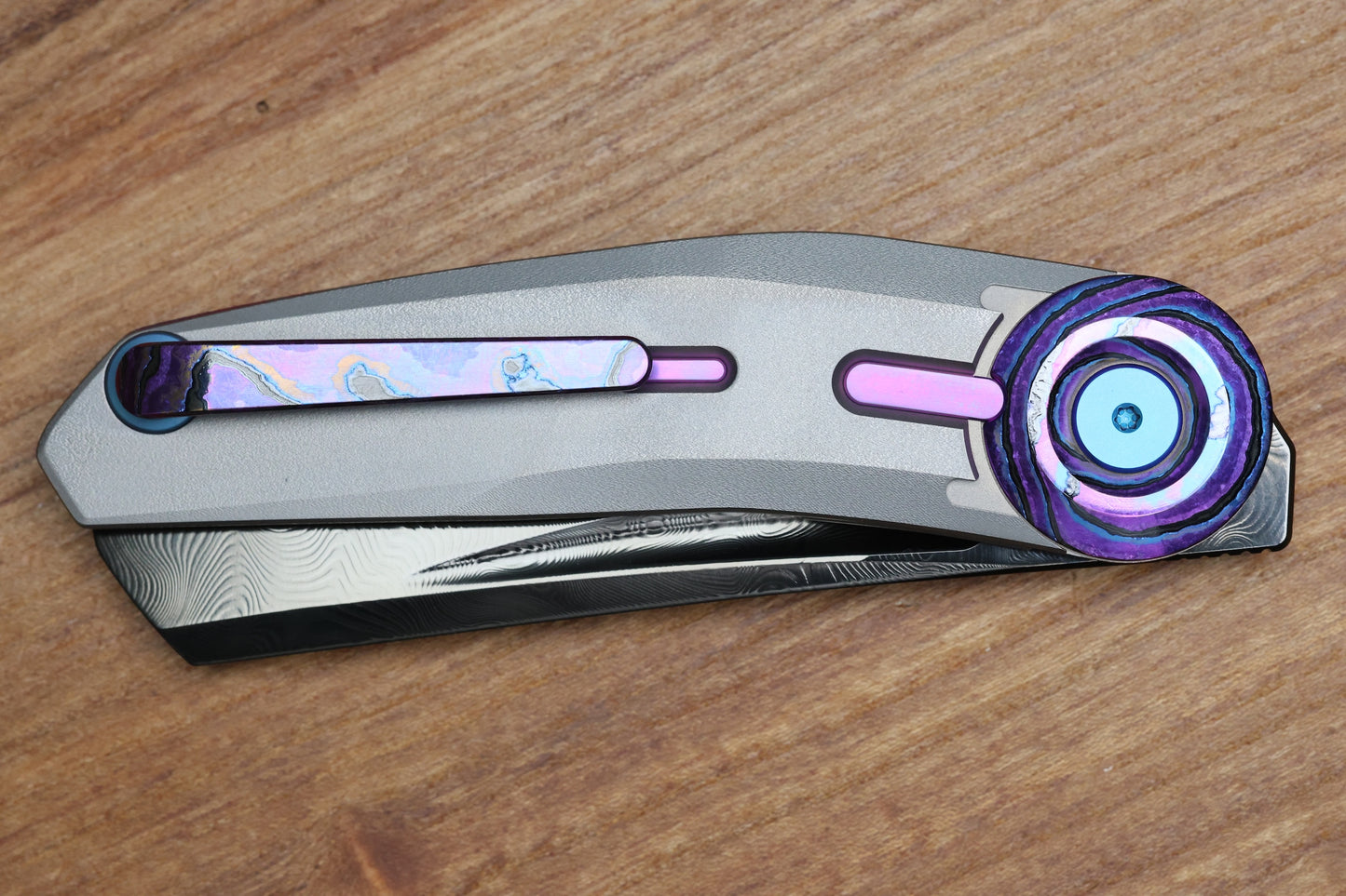 REATE KNIVES VULPEX VK-CLU TITANIUM HANDLE W/PURPLE ZIRCUTI ACCENTS - DLC DAMASTEEL BLADE