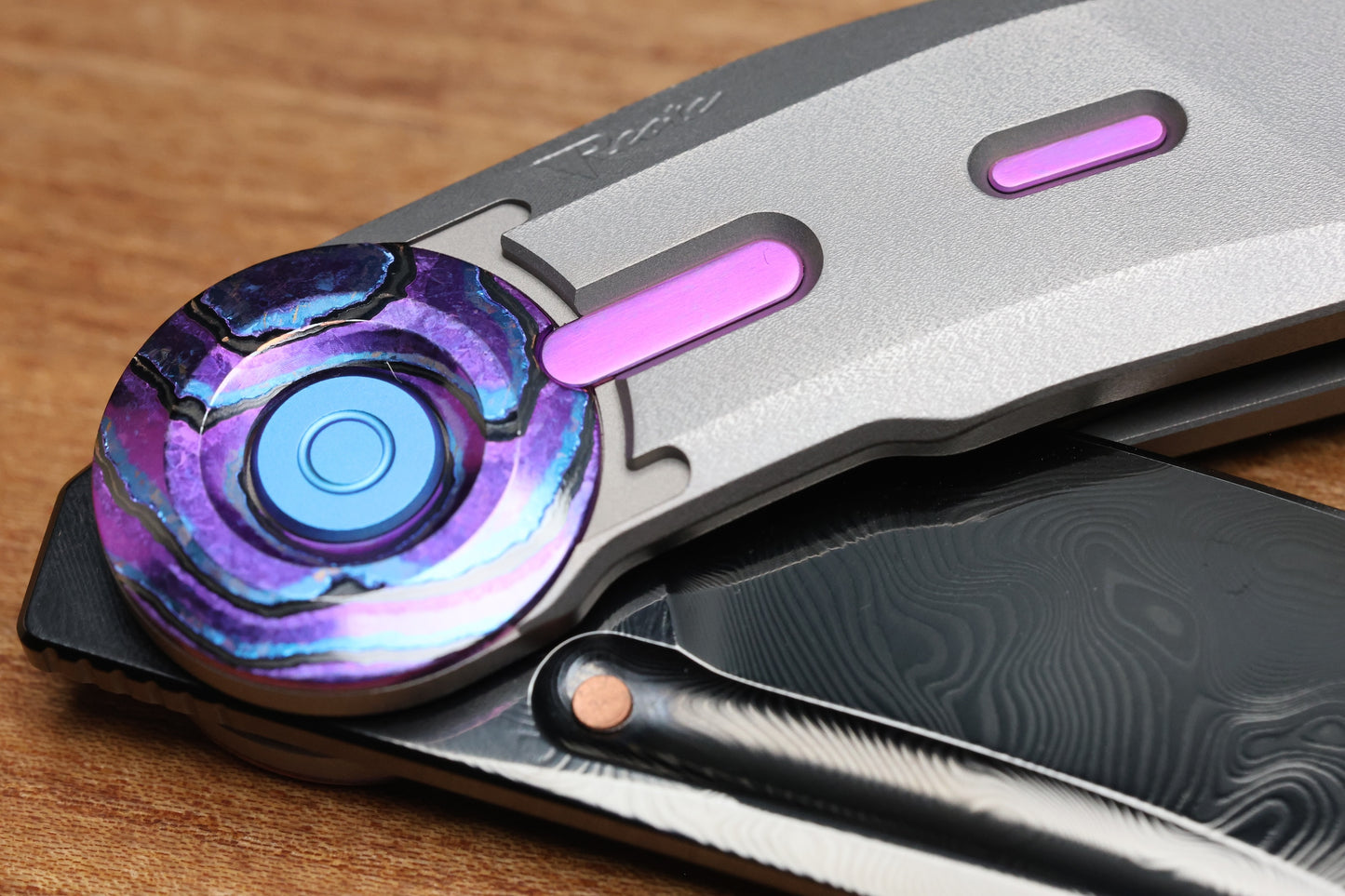 REATE KNIVES VULPEX VK-CLU TITANIUM HANDLE W/PURPLE ZIRCUTI ACCENTS - DLC DAMASTEEL BLADE
