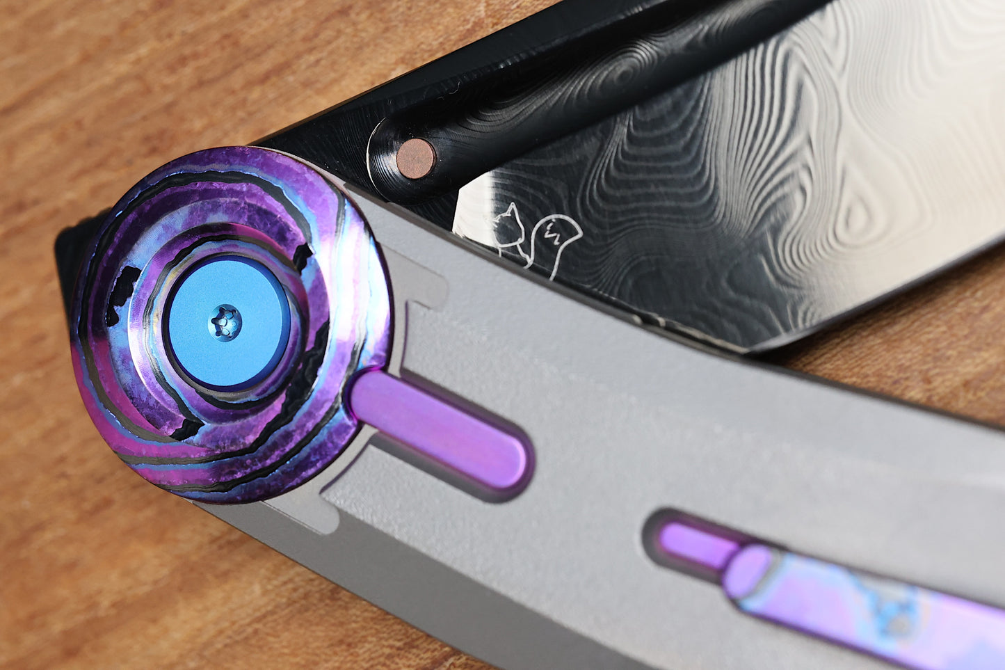 REATE KNIVES VULPEX VK-CLU TITANIUM HANDLE W/PURPLE ZIRCUTI ACCENTS - DLC DAMASTEEL BLADE