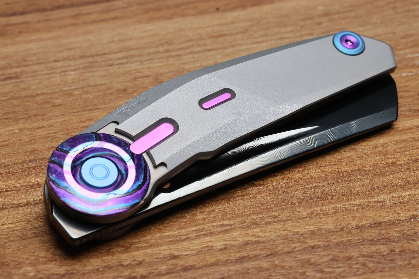 REATE KNIVES VULPEX VK-CLU TITANIUM HANDLE W/PURPLE ZIRCUTI ACCENTS - DLC DAMASTEEL BLADE