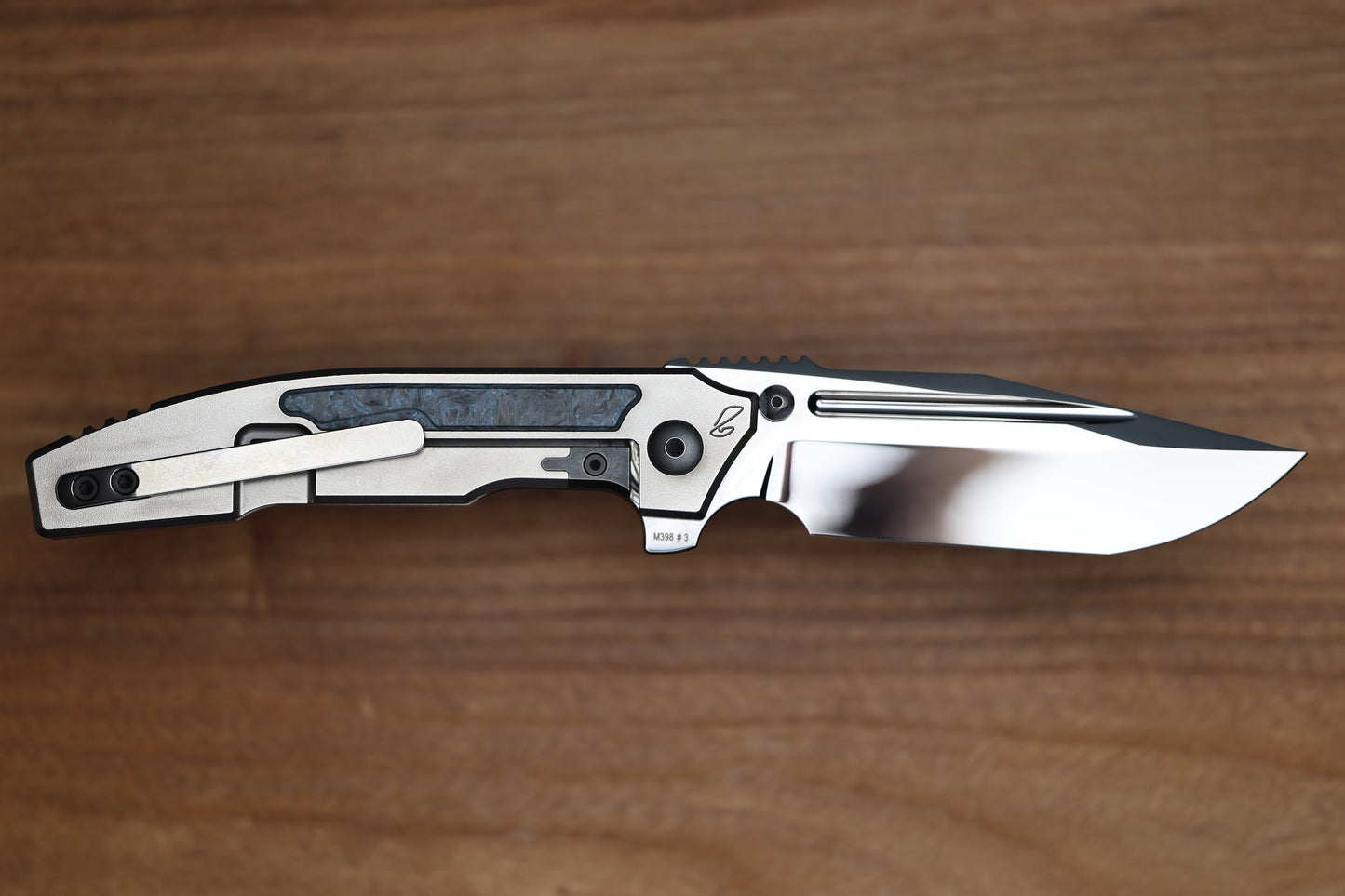 CUSTOM KNIFE FACTORY SNAFU LARGE PETER RASSENTI INTEGRAL TI HANDLE CARBON FIBER INLAYS MIRROR POLISH M398