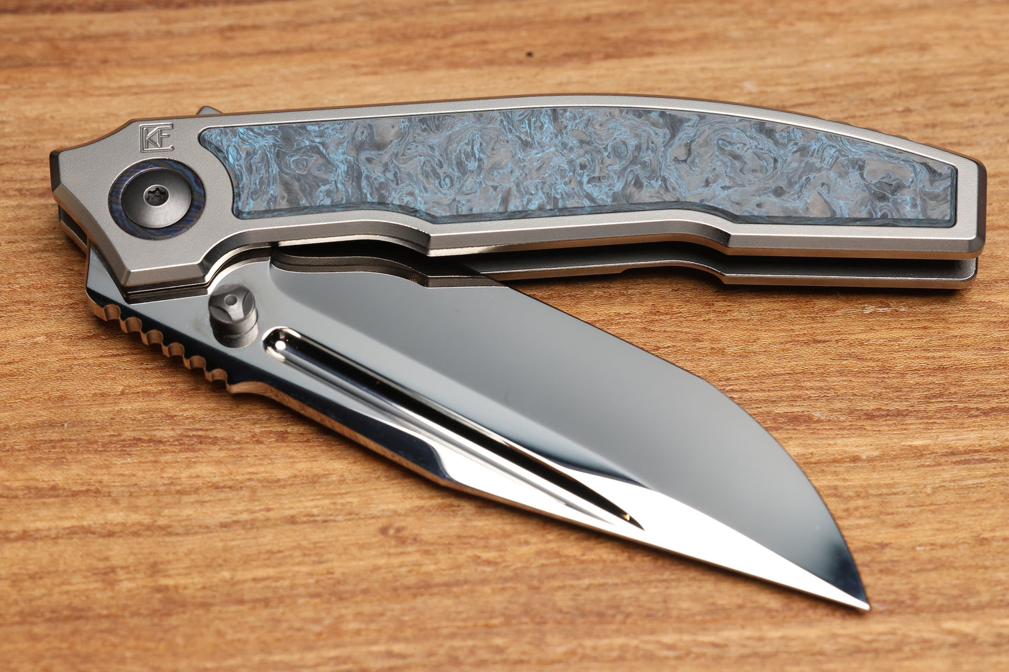 CUSTOM KNIFE FACTORY SNAFU LARGE PETER RASSENTI INTEGRAL TI HANDLE CARBON FIBER INLAYS MIRROR POLISH M398