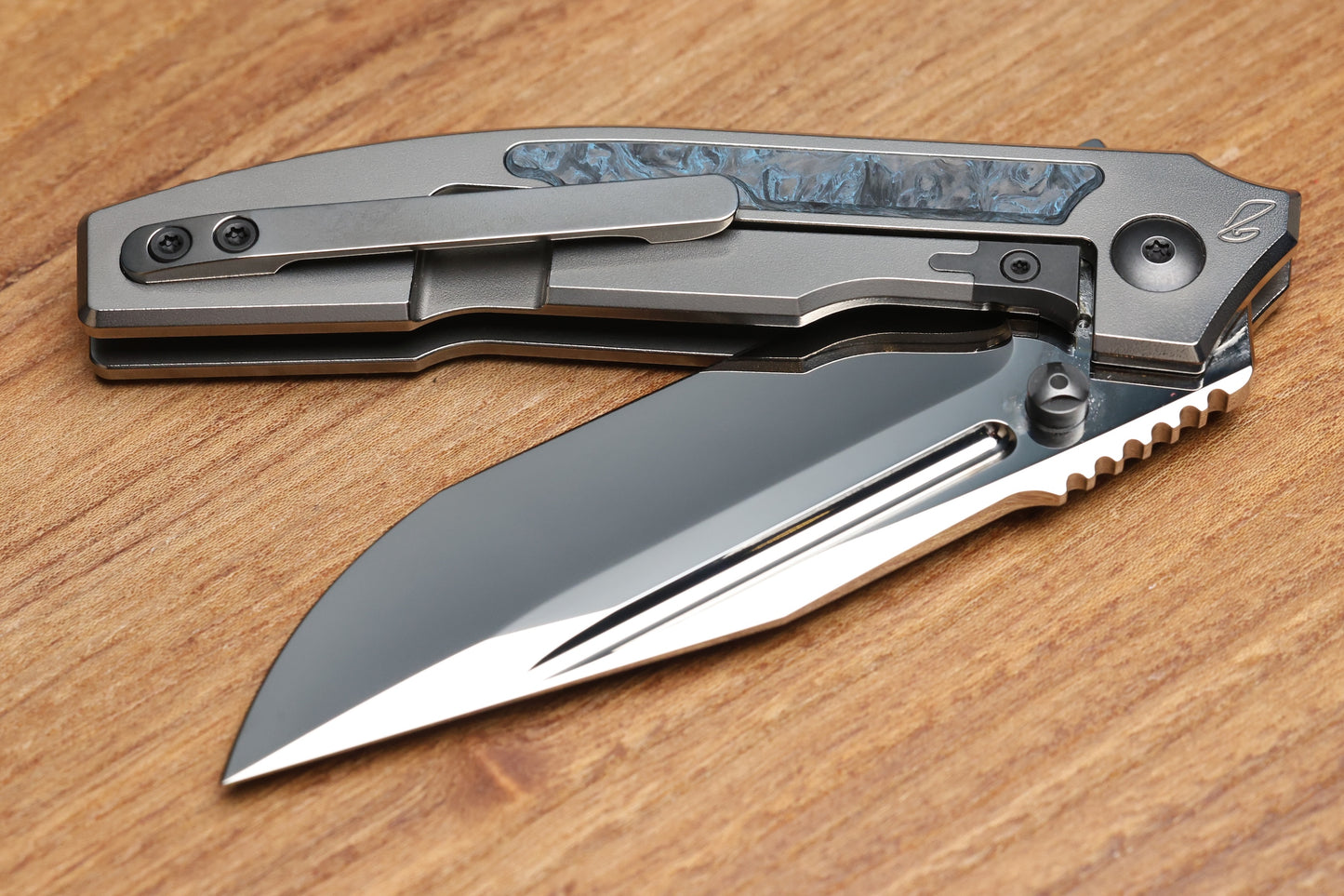 CUSTOM KNIFE FACTORY SNAFU LARGE PETER RASSENTI INTEGRAL TI HANDLE CARBON FIBER INLAYS MIRROR POLISH M398