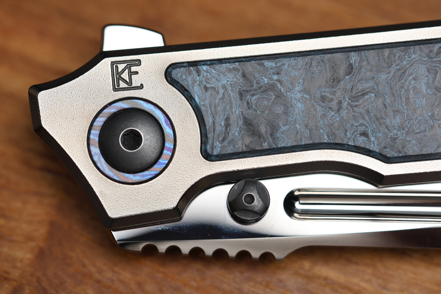 CUSTOM KNIFE FACTORY SNAFU LARGE PETER RASSENTI INTEGRAL TI HANDLE CARBON FIBER INLAYS MIRROR POLISH M398