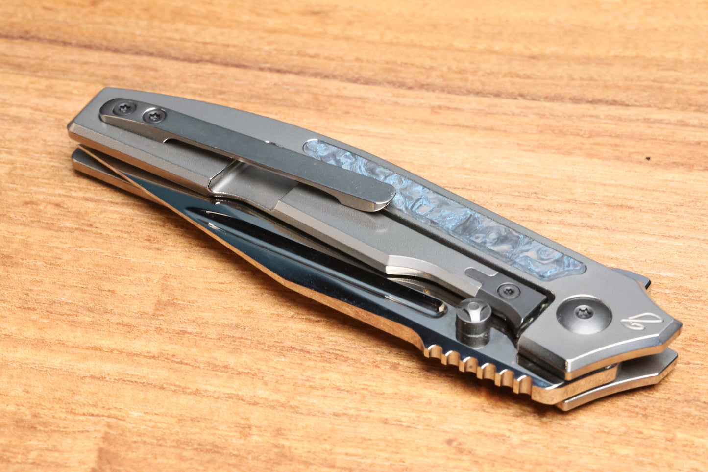CUSTOM KNIFE FACTORY SNAFU LARGE PETER RASSENTI INTEGRAL TI HANDLE CARBON FIBER INLAYS MIRROR POLISH M398