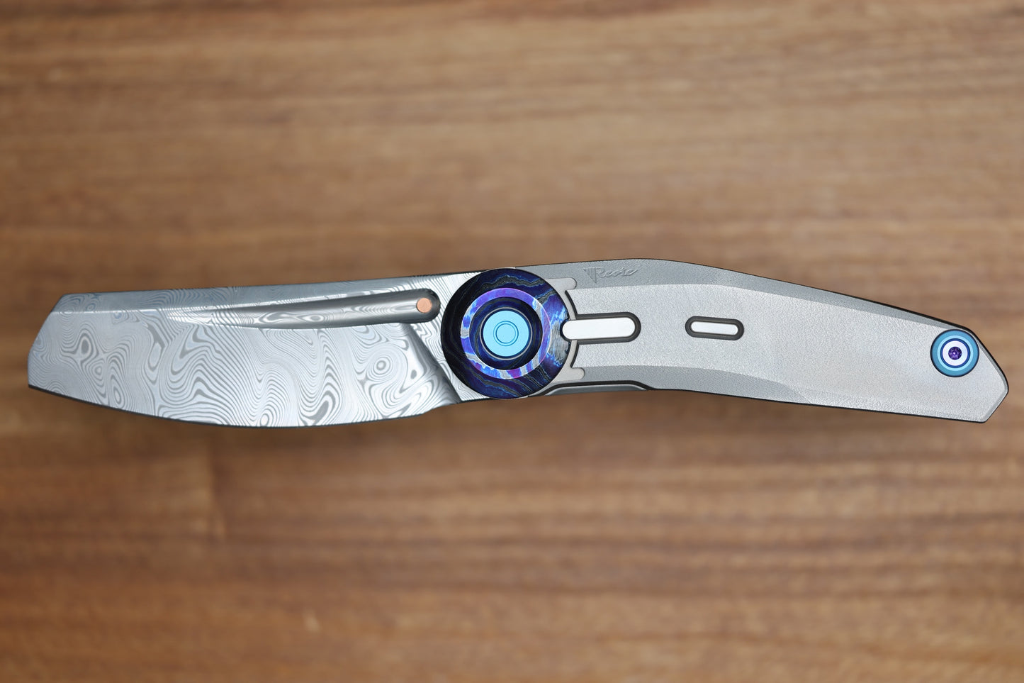 REATE KNIVES VULPEX VK-CLU TITANIUM WIRE WHEEL HANDLE ZIRCUTI ACCENTS WITH DAMASTEEL BLADE