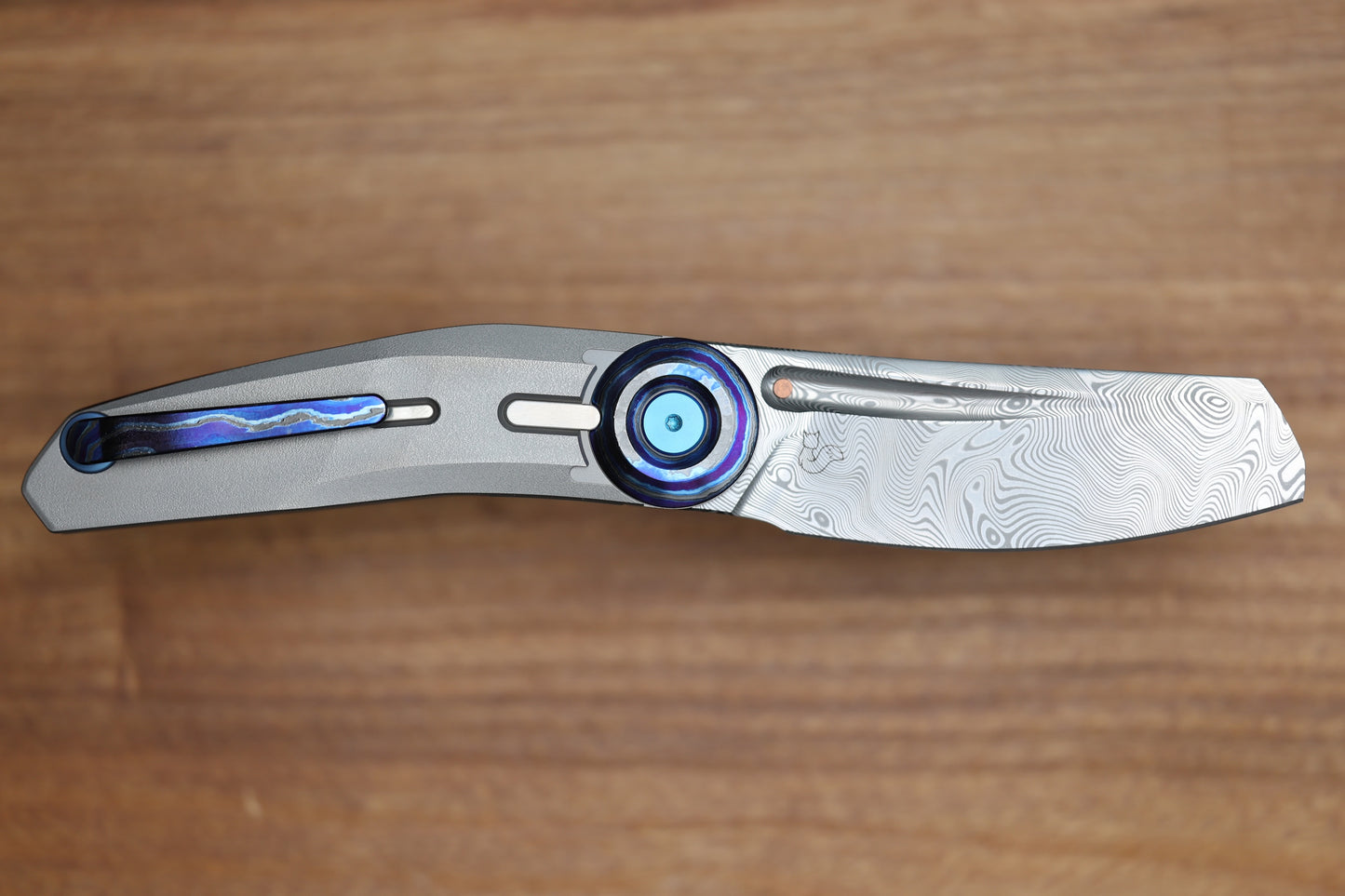 REATE KNIVES VULPEX VK-CLU TITANIUM WIRE WHEEL HANDLE ZIRCUTI ACCENTS WITH DAMASTEEL BLADE