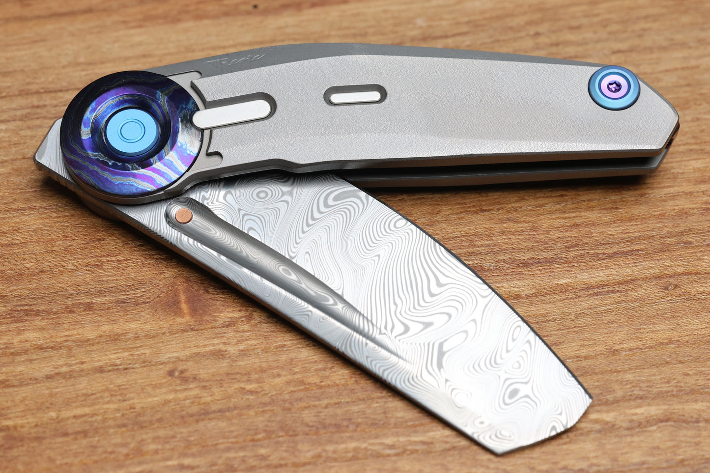 REATE KNIVES VULPEX VK-CLU TITANIUM WIRE WHEEL HANDLE ZIRCUTI ACCENTS WITH DAMASTEEL BLADE
