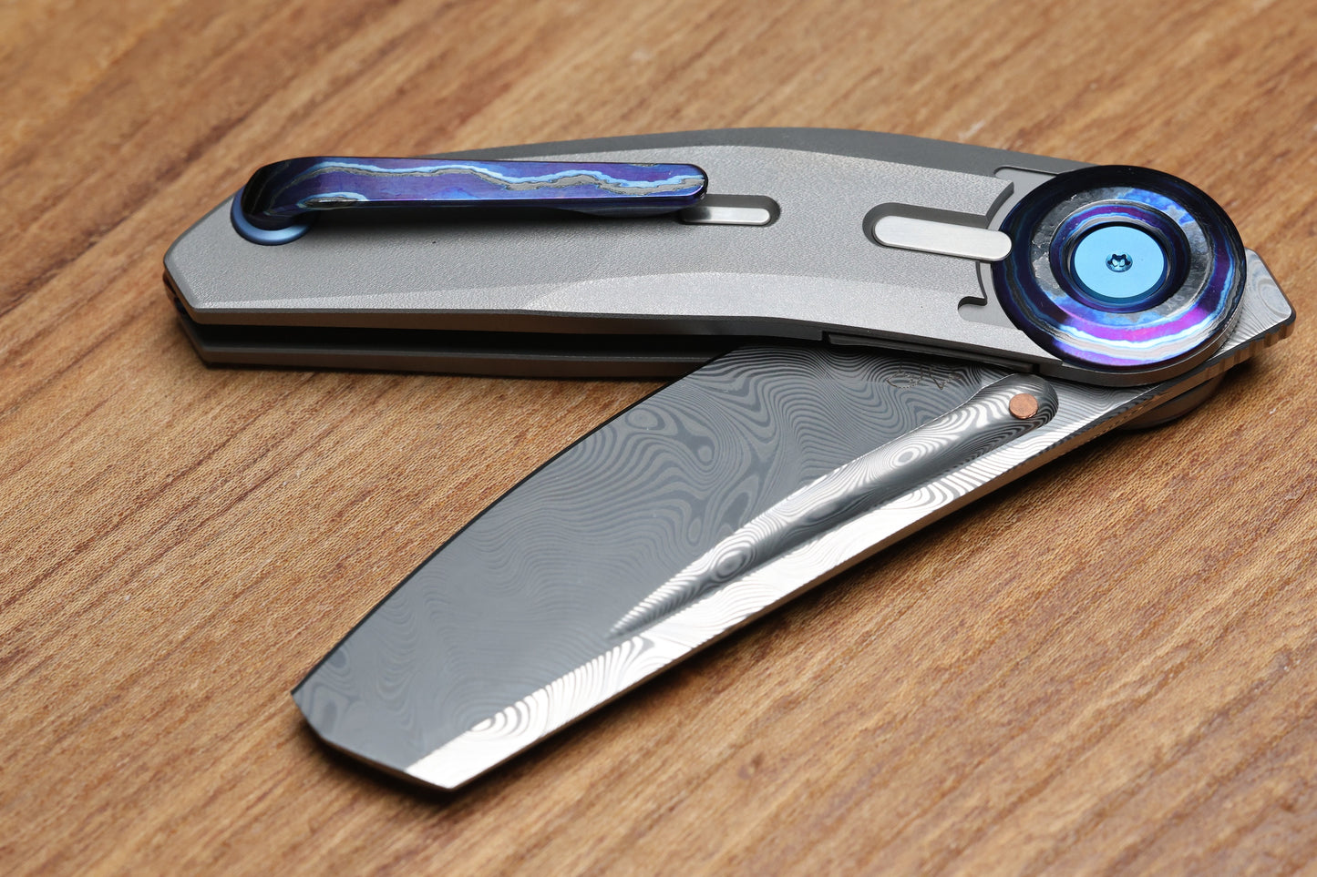 REATE KNIVES VULPEX VK-CLU TITANIUM WIRE WHEEL HANDLE ZIRCUTI ACCENTS WITH DAMASTEEL BLADE