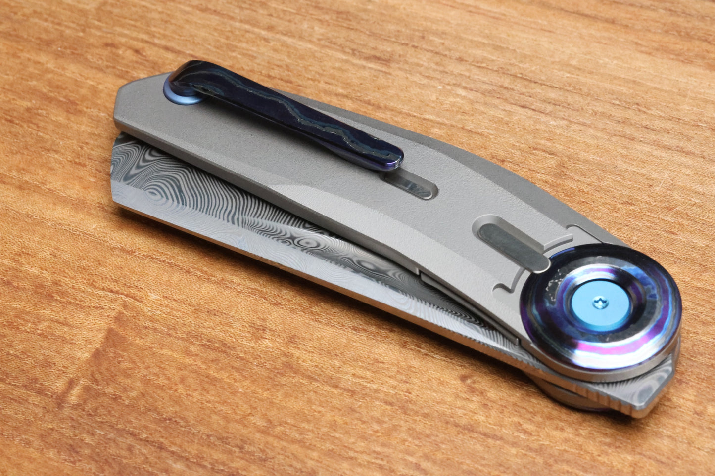 REATE KNIVES VULPEX VK-CLU TITANIUM WIRE WHEEL HANDLE ZIRCUTI ACCENTS WITH DAMASTEEL BLADE