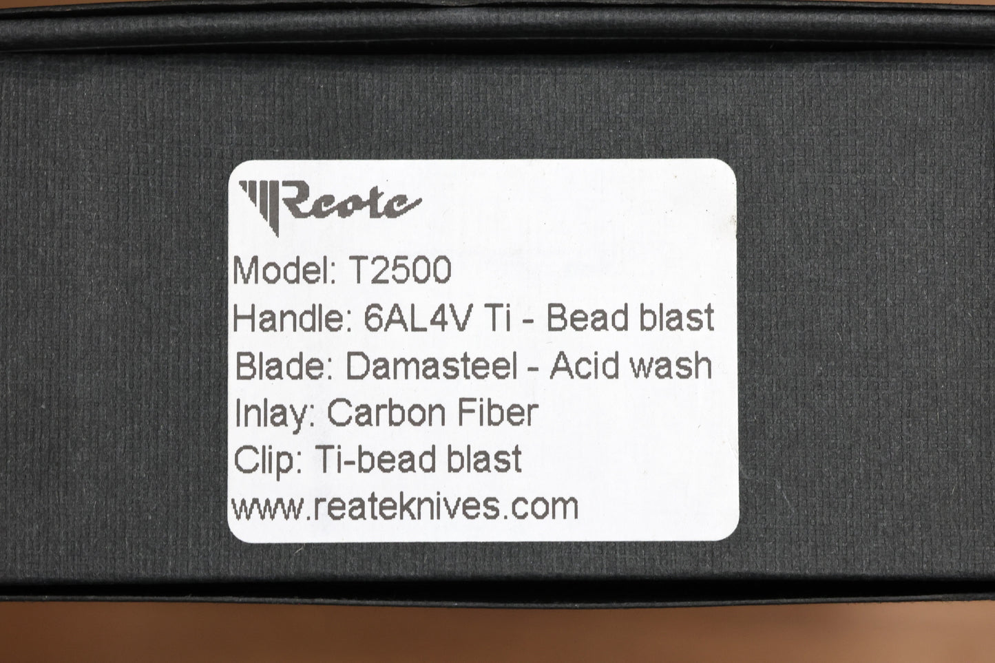 REATE KNIVES T2500 TI-BEAD BLAST HANDLE CARBON INLAY DAMASTEEL ACID WASH 2.375" BLADE