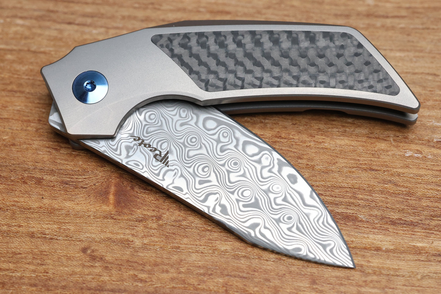 REATE KNIVES T2500 TI-BEAD BLAST HANDLE CARBON INLAY DAMASTEEL ACID WASH 2.375" BLADE
