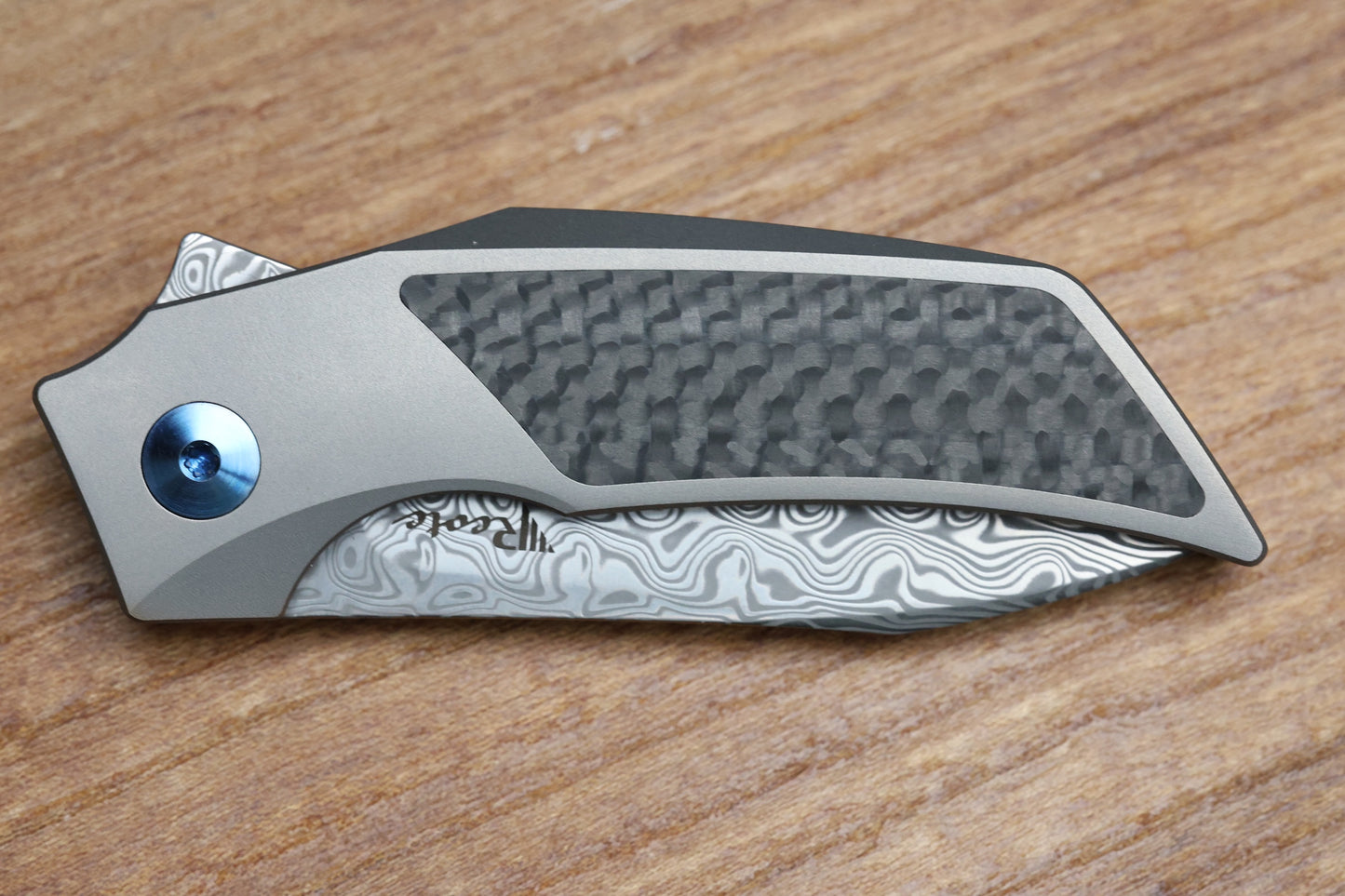 REATE KNIVES T2500 TI-BEAD BLAST HANDLE CARBON INLAY DAMASTEEL ACID WASH 2.375" BLADE