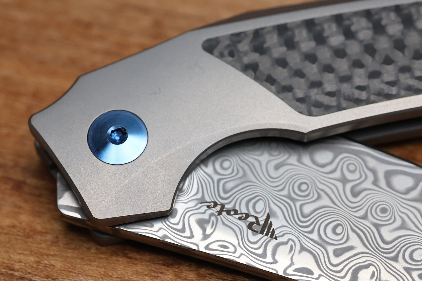 REATE KNIVES T2500 TI-BEAD BLAST HANDLE CARBON INLAY DAMASTEEL ACID WASH 2.375" BLADE