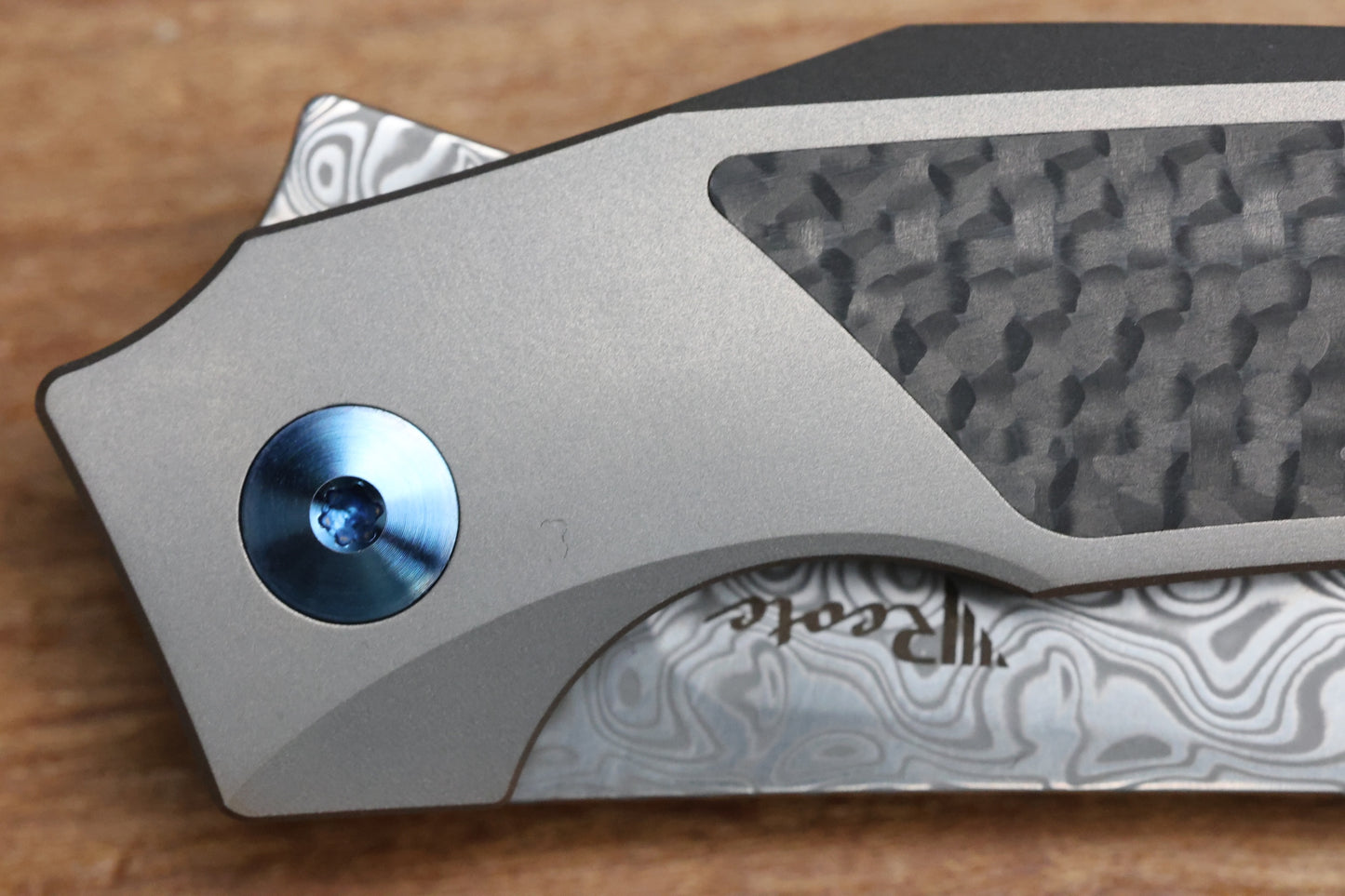 REATE KNIVES T2500 TI-BEAD BLAST HANDLE CARBON INLAY DAMASTEEL ACID WASH 2.375" BLADE