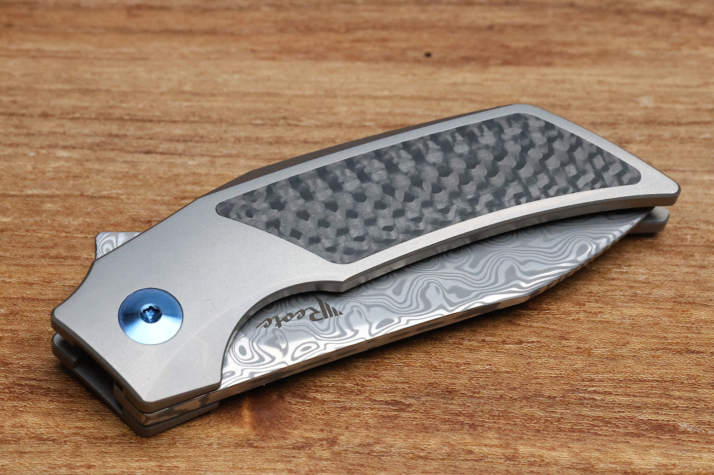 REATE KNIVES T2500 TI-BEAD BLAST HANDLE CARBON INLAY DAMASTEEL ACID WASH 2.375" BLADE