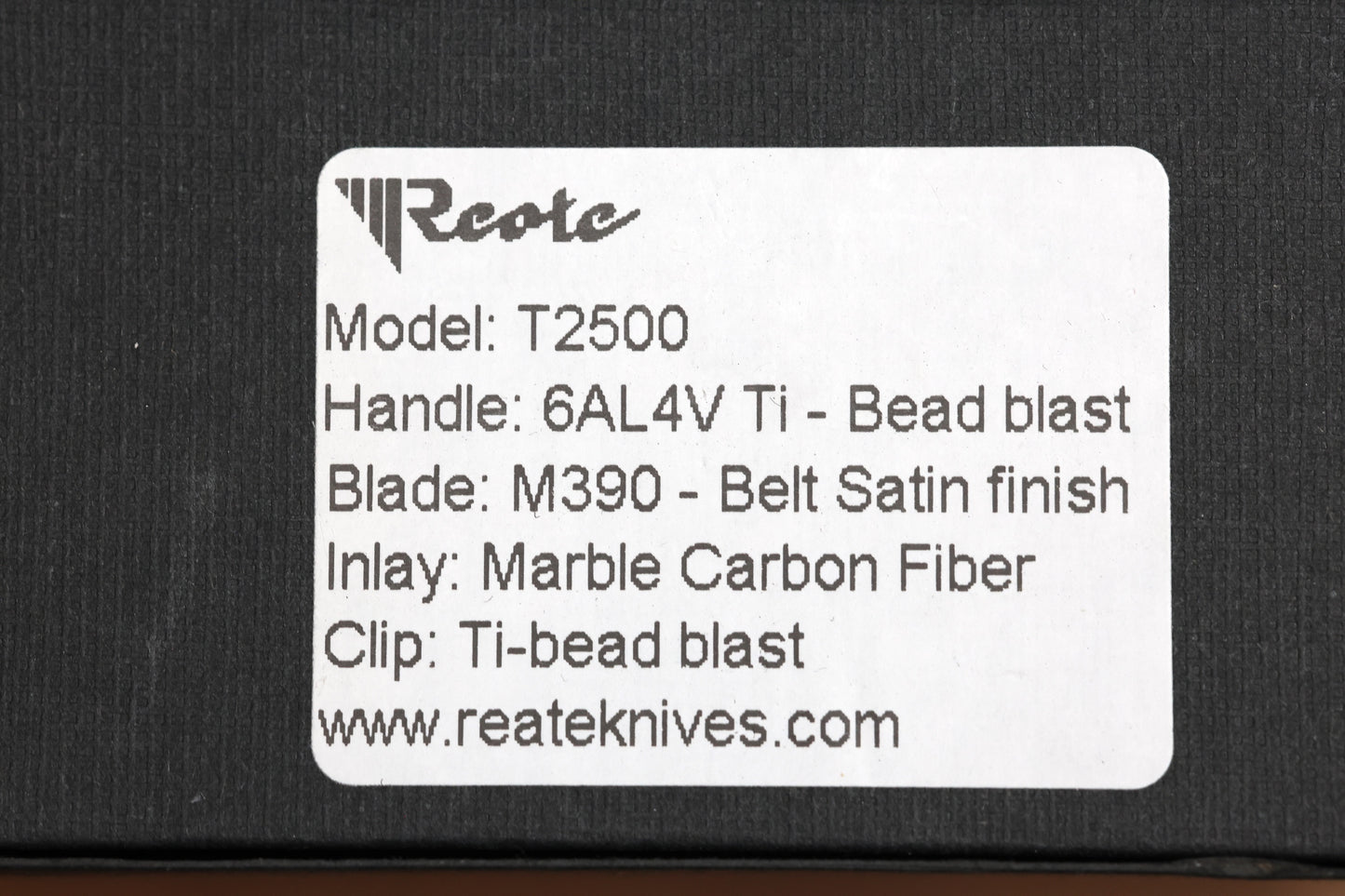 REATE KNIVES T2500 TI-BEAD BLAST HANDLE CARBON INLAY BELT SATIN M390 2.375" BLADE