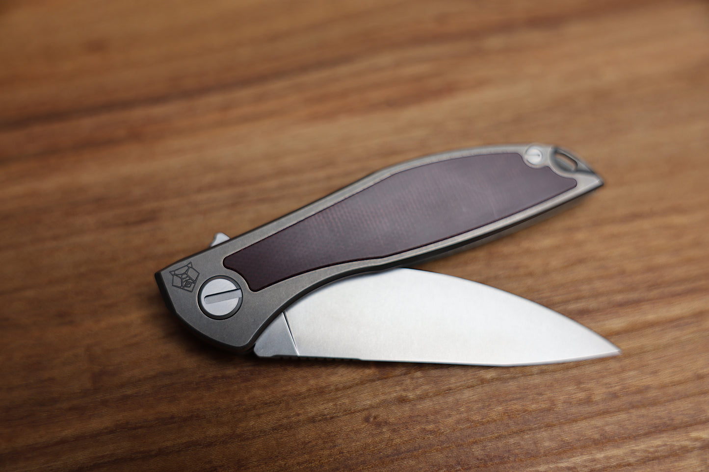 SHIROGOROV NEON NL – ELMAX BLADE – TITANIUM HANDLE W/ MAROON MICARTA INLAY – MRBS