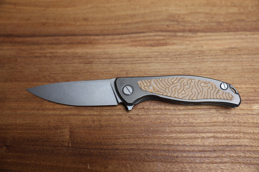 SHIROGOROV F95NL – CROMAX PM BLADE – STONEWASHED TITANIUM HANDLE W/ YELLOW CRAZY MICARTA INLAY- SRBS