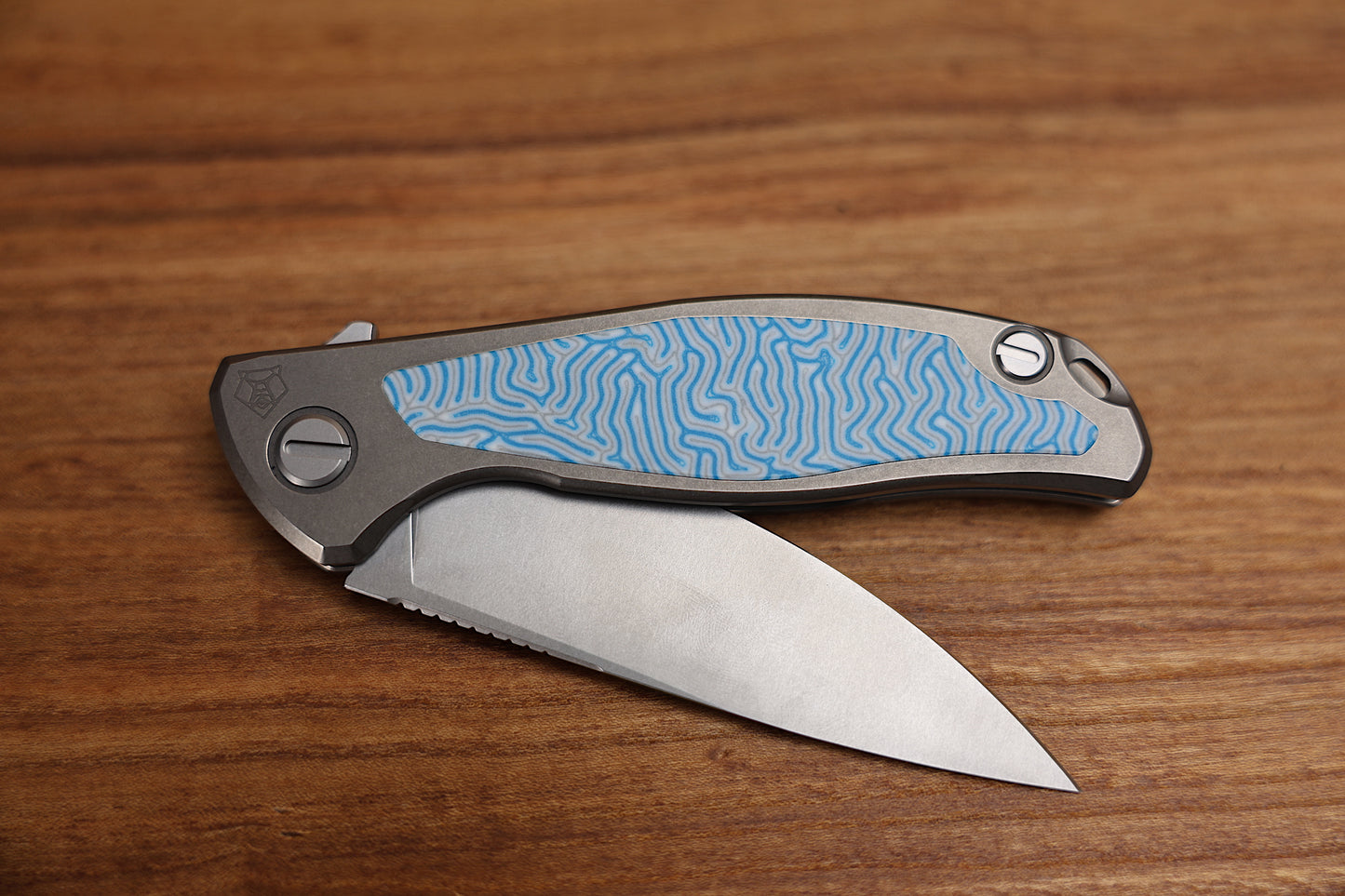 SHIROGOROV F95NL – CROMAX PM BLADE – STONEWASHED TITANIUM HANDLE W/ BLUE CRAZY MICARTA INLAY- SRBS