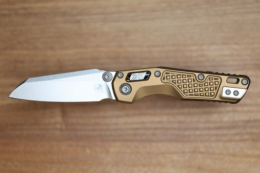 MICROTECH MSI RAM LOK MINI TAN FRAG ALUMINUM HANDLES W/ STONEWASH M390MK 210M-10FRTA