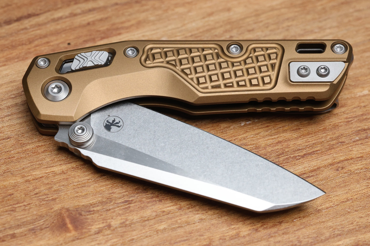 MICROTECH MSI RAM LOK MINI TAN FRAG ALUMINUM HANDLES W/ STONEWASH M390MK 210M-10FRTA
