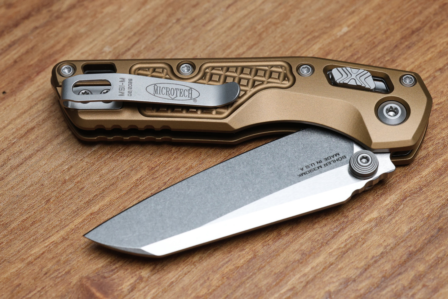 MICROTECH MSI RAM LOK MINI TAN FRAG ALUMINUM HANDLES W/ STONEWASH M390MK 210M-10FRTA