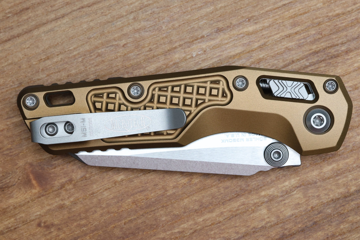 MICROTECH MSI RAM LOK MINI TAN FRAG ALUMINUM HANDLES W/ STONEWASH M390MK 210M-10FRTA