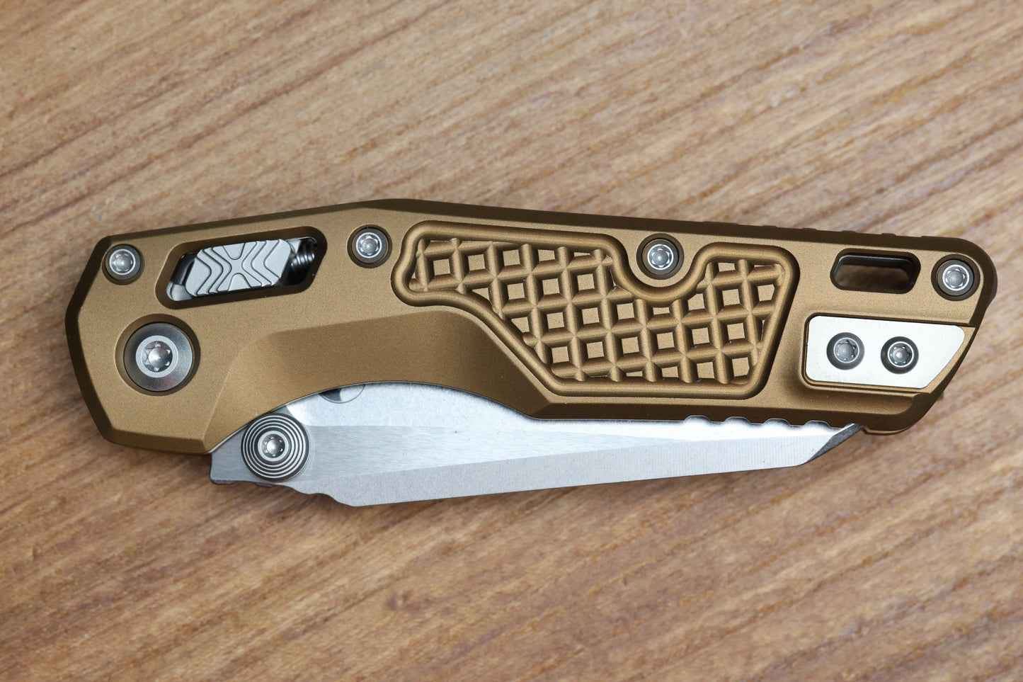 MICROTECH MSI RAM LOK MINI TAN FRAG ALUMINUM HANDLES W/ STONEWASH M390MK 210M-10FRTA