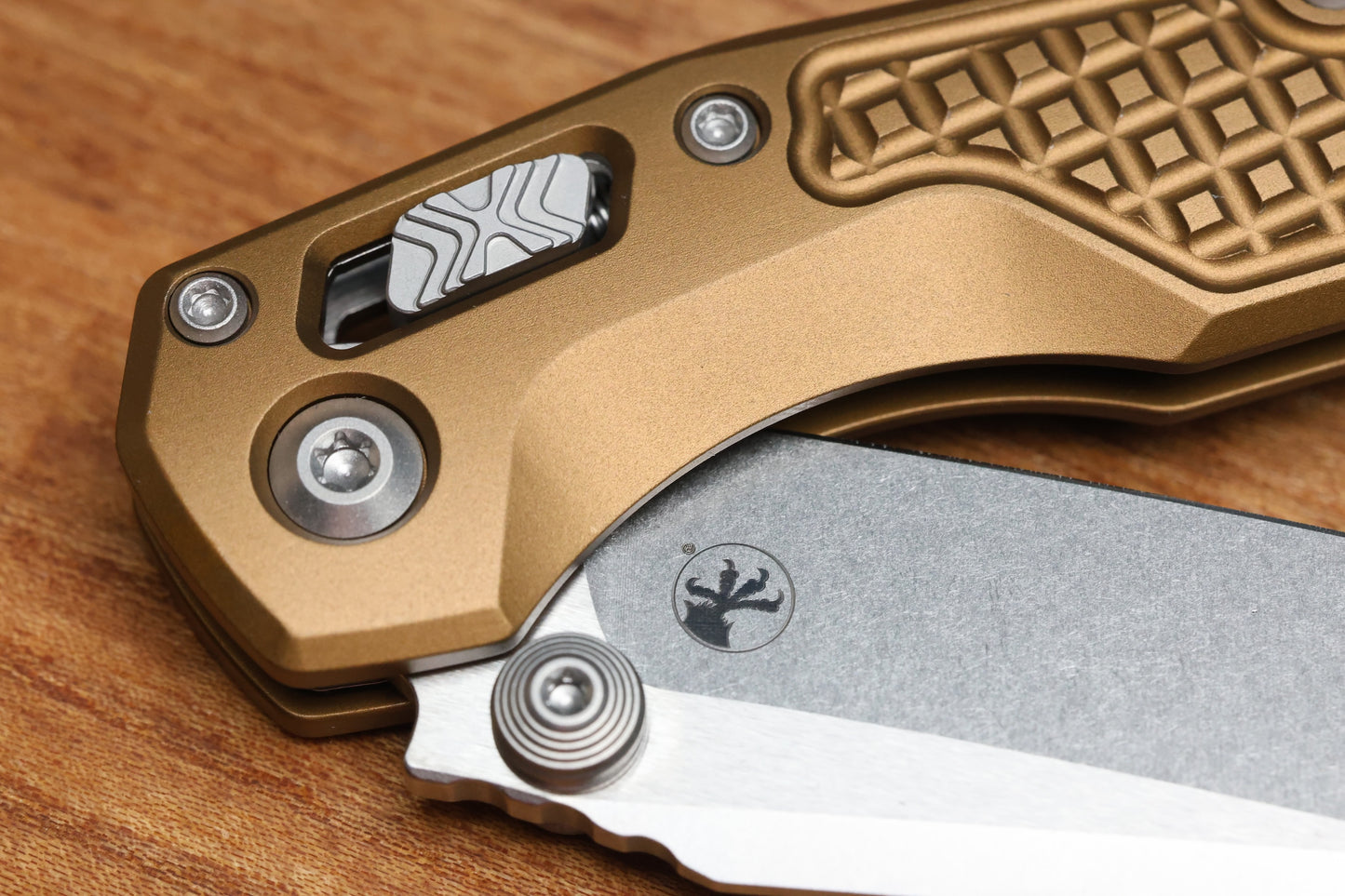MICROTECH MSI RAM LOK MINI TAN FRAG ALUMINUM HANDLES W/ STONEWASH M390MK 210M-10FRTA