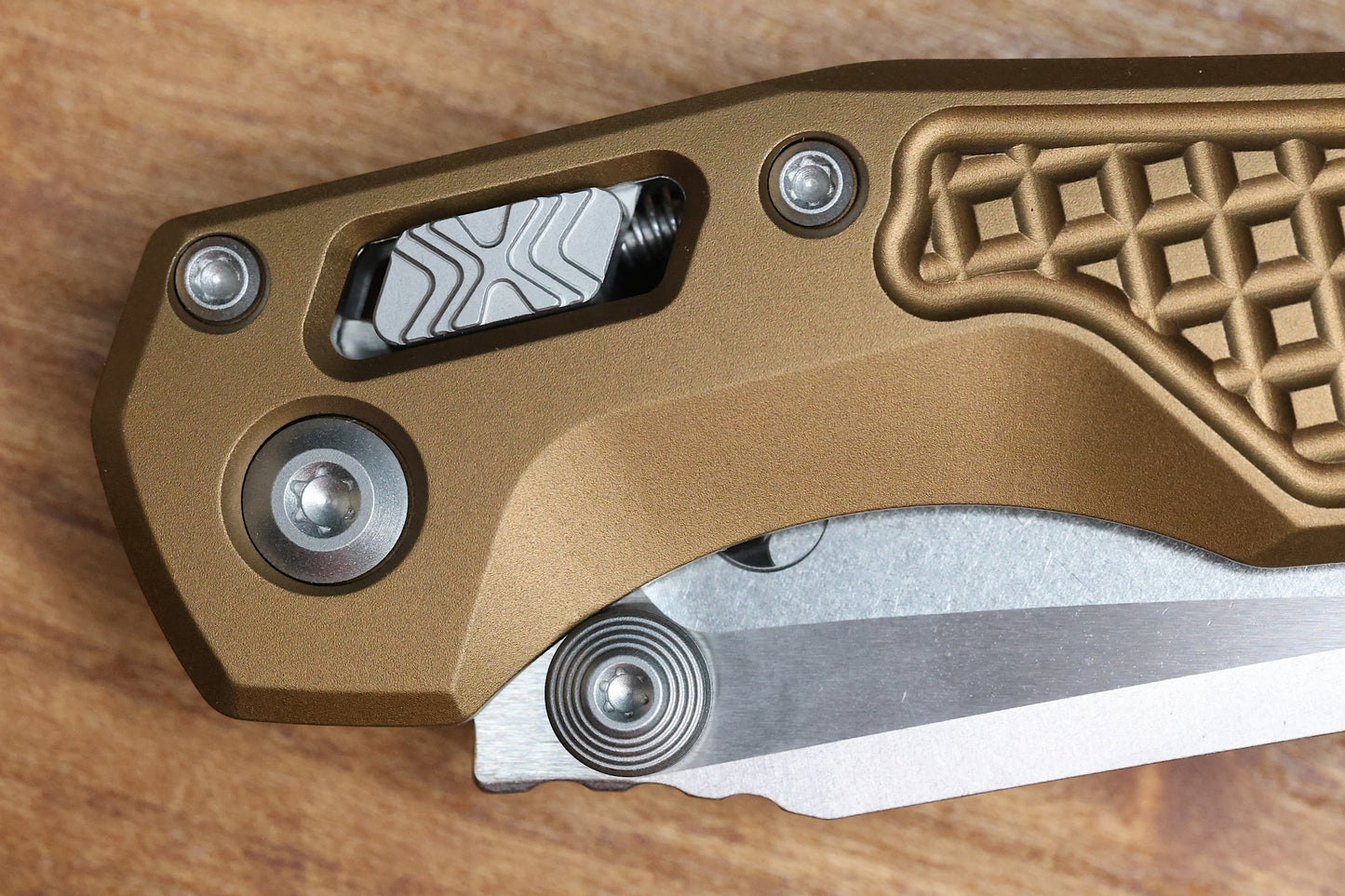 MICROTECH MSI RAM LOK MINI TAN FRAG ALUMINUM HANDLES W/ STONEWASH M390MK 210M-10FRTA