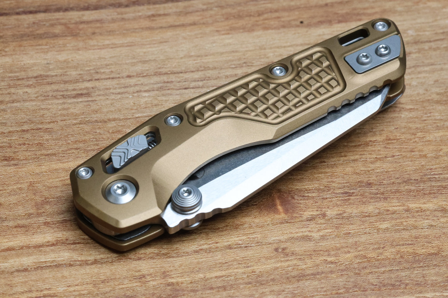 MICROTECH MSI RAM LOK MINI TAN FRAG ALUMINUM HANDLES W/ STONEWASH M390MK 210M-10FRTA