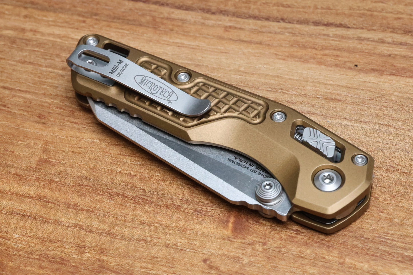 MICROTECH MSI RAM LOK MINI TAN FRAG ALUMINUM HANDLES W/ STONEWASH M390MK 210M-10FRTA
