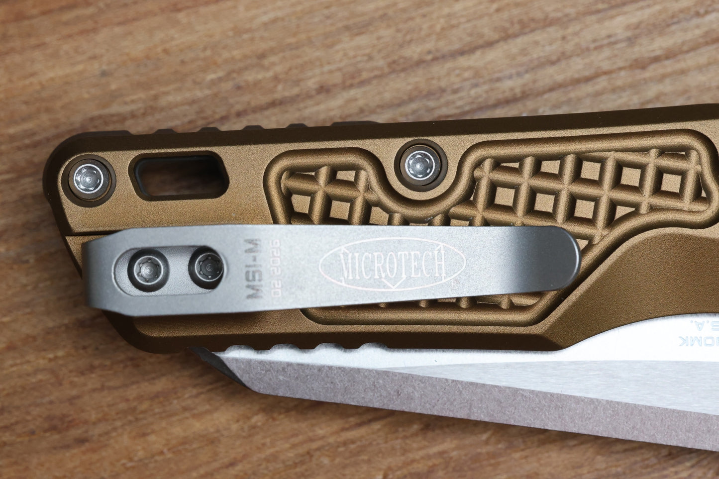 MICROTECH MSI RAM LOK MINI TAN FRAG ALUMINUM HANDLES W/ STONEWASH M390MK 210M-10FRTA