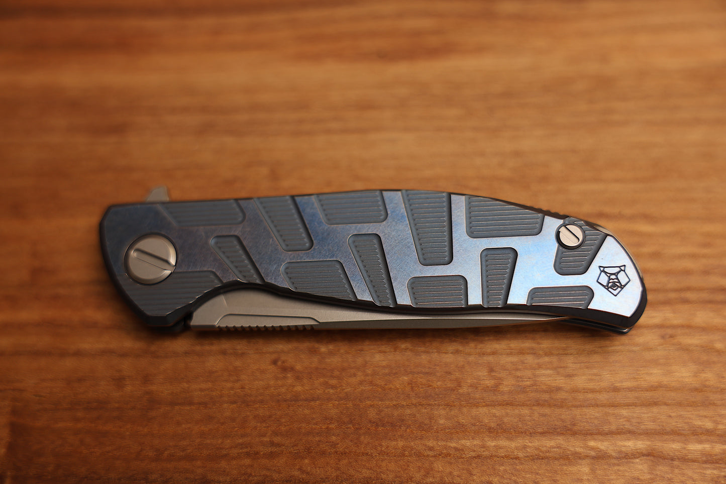 SHIROGOROV F95 T PATTERN GEN. 4 – BLUE ANO TITANIUM HANDLE – M390 BLADE – MRBS