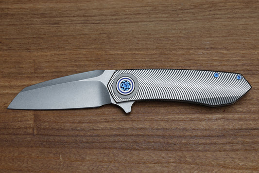 SKIFF MADE BLADES ASYLUM #80, STONEWASHED BLADE, MILLED TITANIUM SCALES, ROYAL BLUE ACCENTS