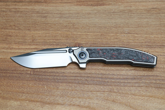 CUSTOM KNIFE FACTORY SNAFU 4.0 MEDIUM TITANIUM INTEGRAL HANDLE W/ RED CARBON FIBER INLAYS & M398