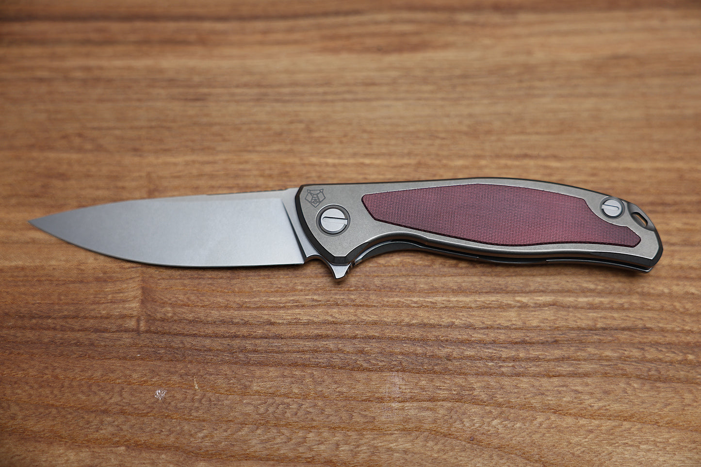 SHIROGOROV F95NL – ELMAX BLADE – STONEWASHED TITANIUM HANDLE W/ MAROON MICARTA INLAY- MRBS