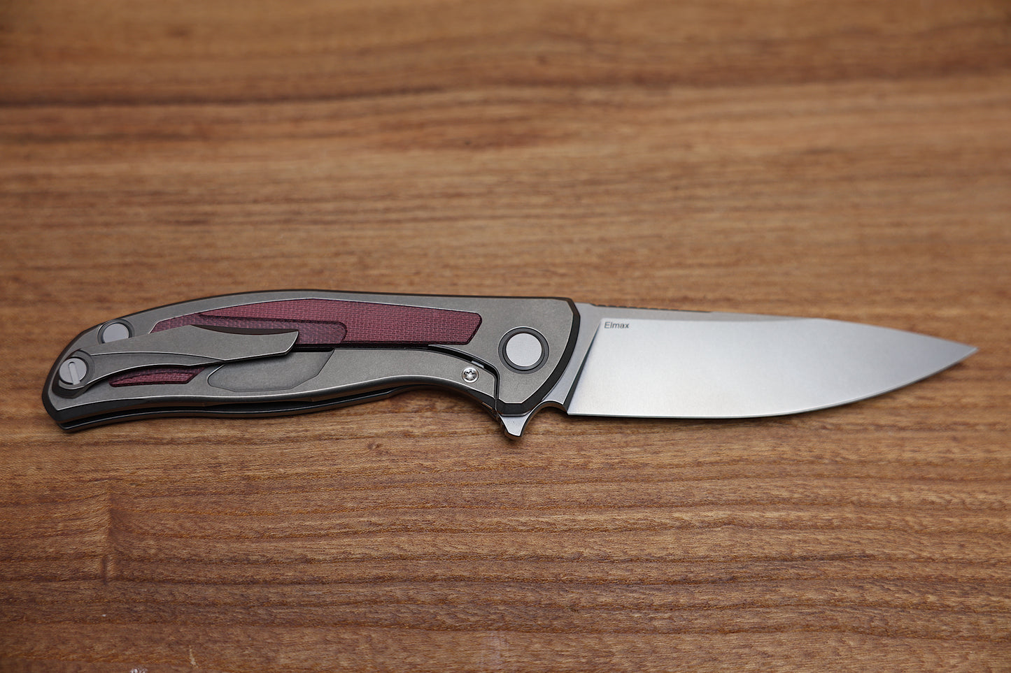 SHIROGOROV F95NL – ELMAX BLADE – STONEWASHED TITANIUM HANDLE W/ MAROON MICARTA INLAY- MRBS