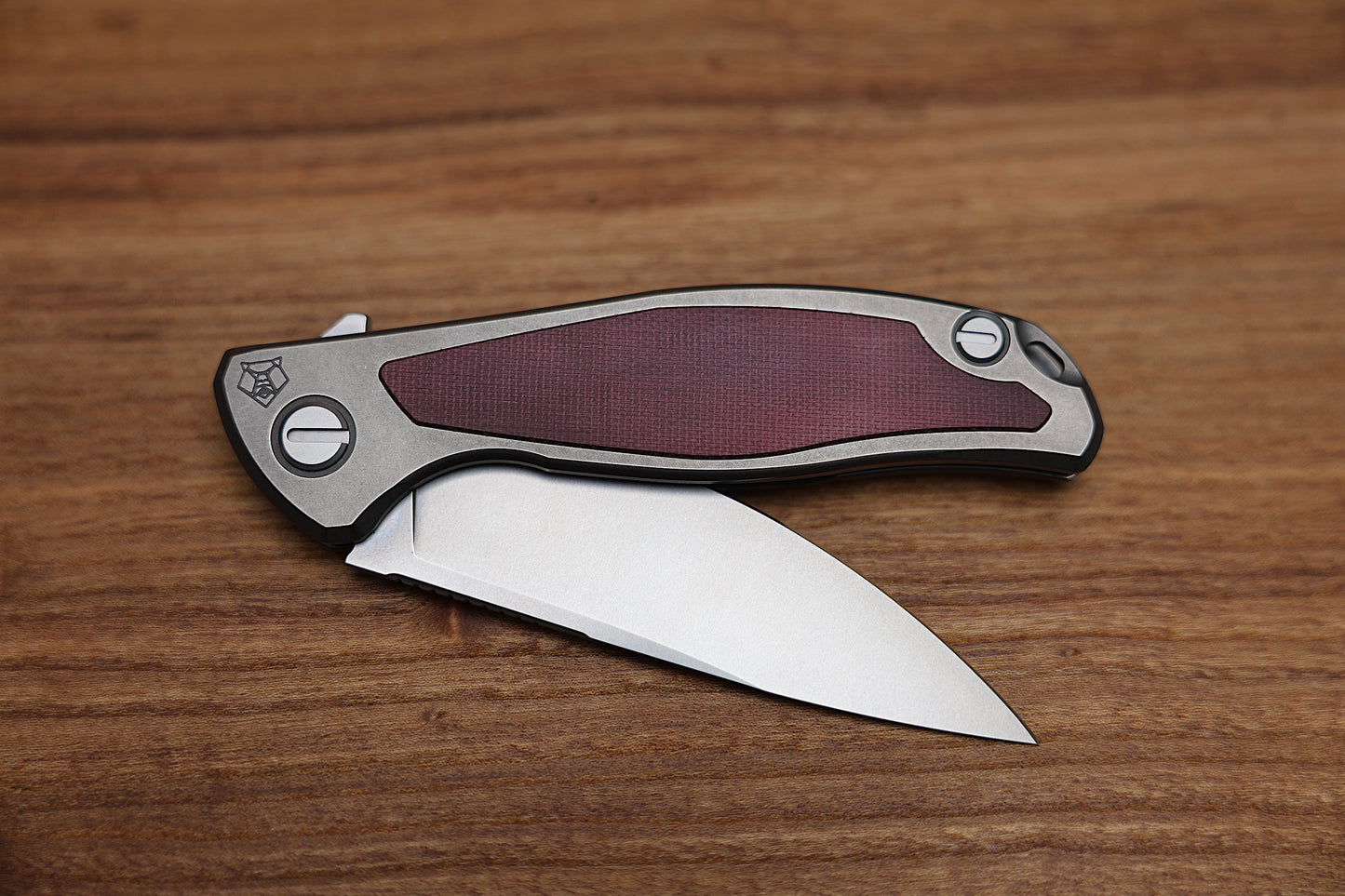 SHIROGOROV F95NL – ELMAX BLADE – STONEWASHED TITANIUM HANDLE W/ MAROON MICARTA INLAY- MRBS