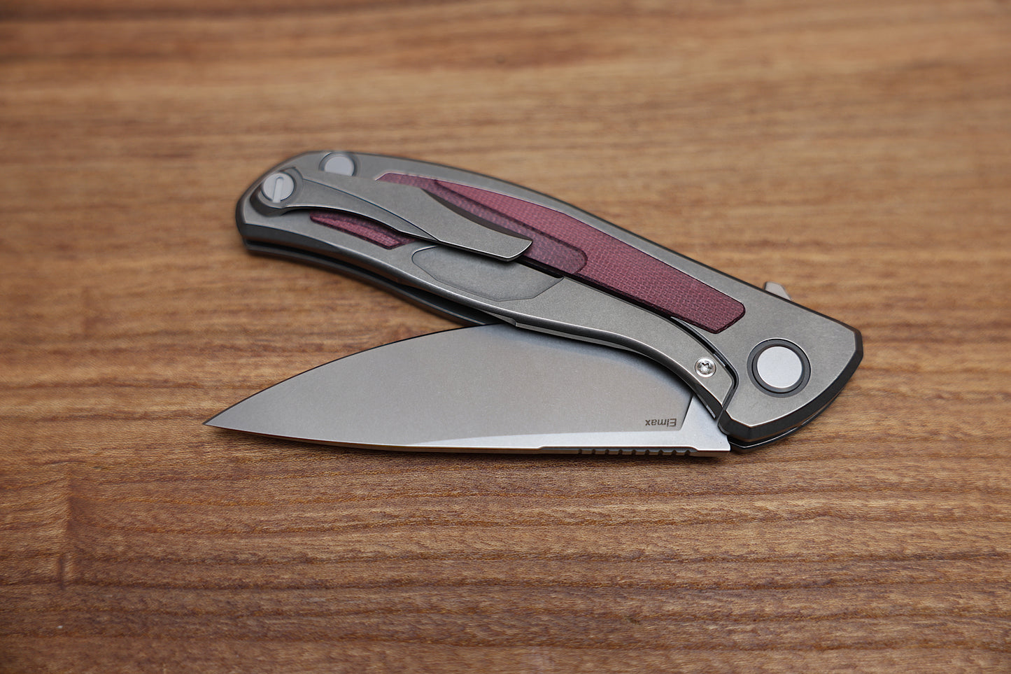 SHIROGOROV F95NL – ELMAX BLADE – STONEWASHED TITANIUM HANDLE W/ MAROON MICARTA INLAY- MRBS