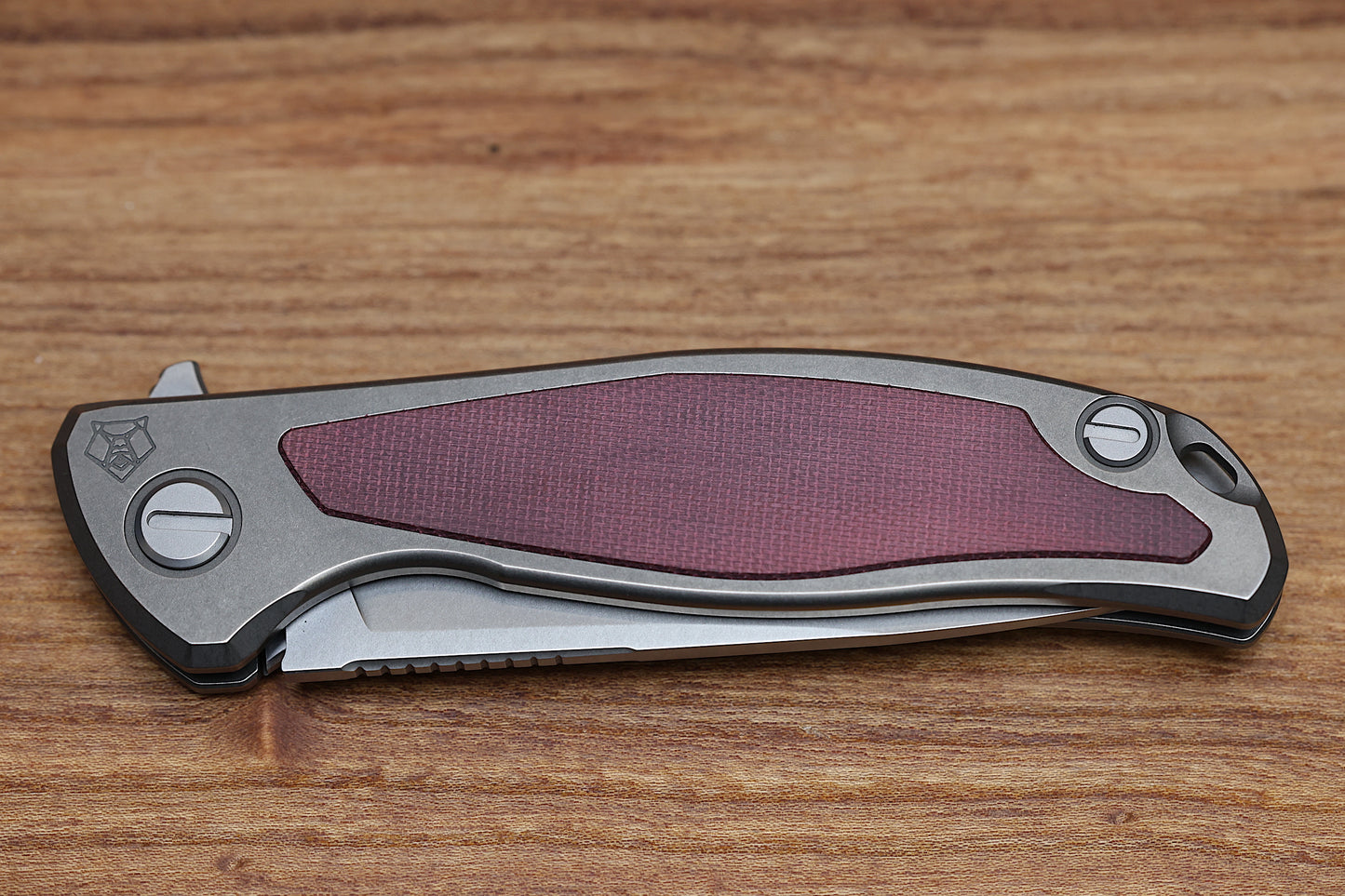 SHIROGOROV F95NL – ELMAX BLADE – STONEWASHED TITANIUM HANDLE W/ MAROON MICARTA INLAY- MRBS