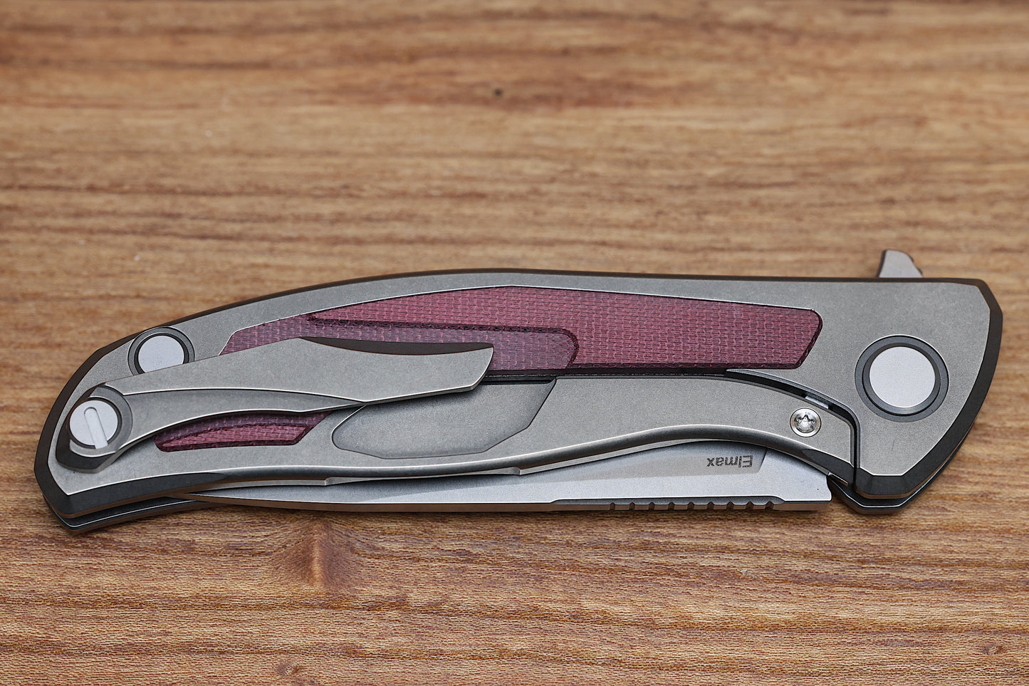 SHIROGOROV F95NL – ELMAX BLADE – STONEWASHED TITANIUM HANDLE W/ MAROON MICARTA INLAY- MRBS