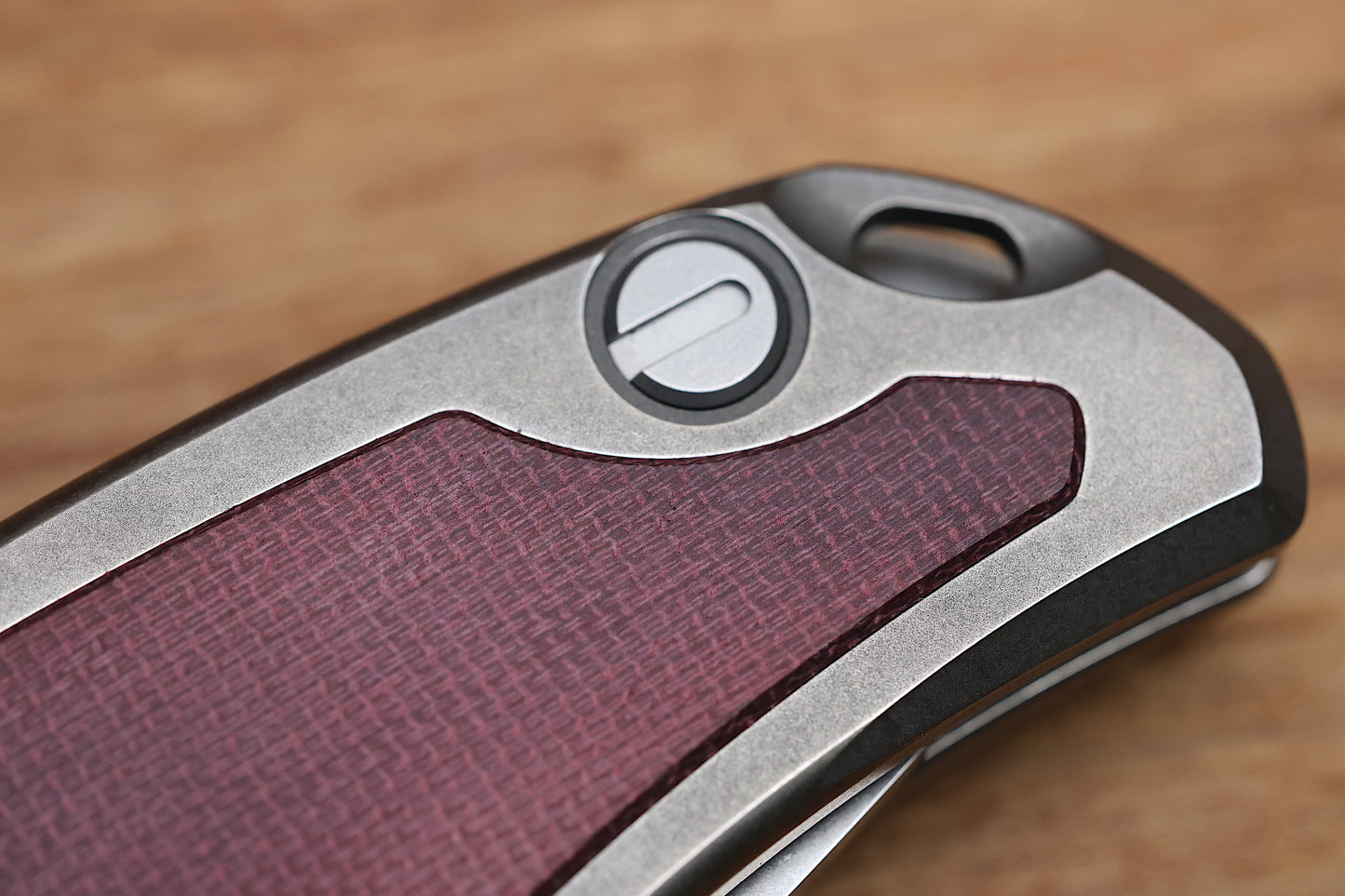 SHIROGOROV F95NL – ELMAX BLADE – STONEWASHED TITANIUM HANDLE W/ MAROON MICARTA INLAY- MRBS